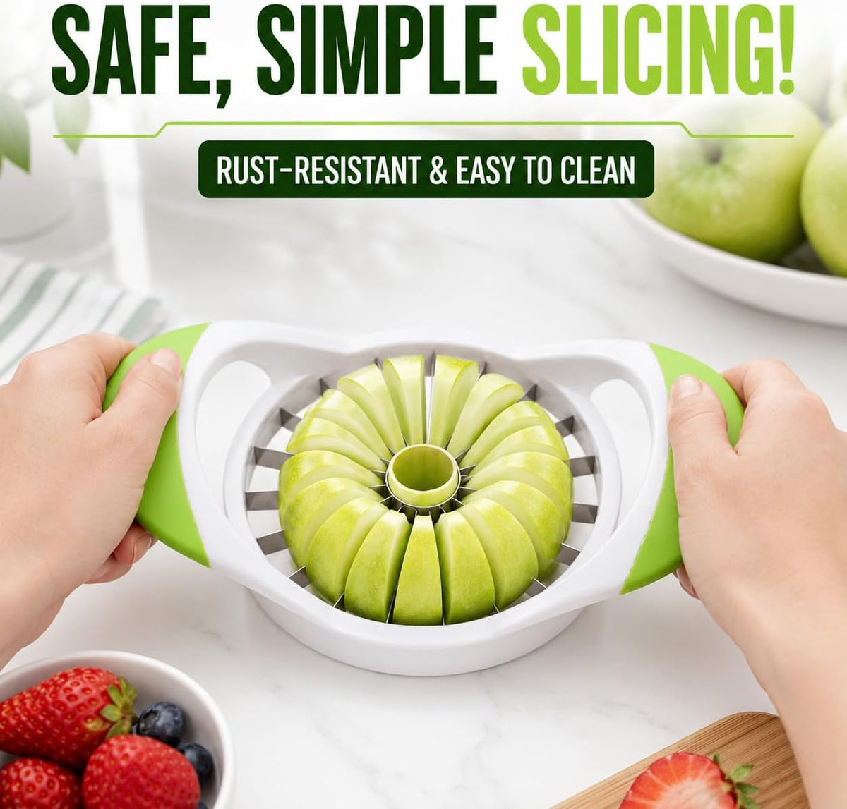 Apple Corer, Slicer & Cutter, Extra Large size, 4.75 Inches, Heavy Duty, Apple Chopper and fruit slicer with Stainless Steel Blades & Anti-Slip Handle-Green
