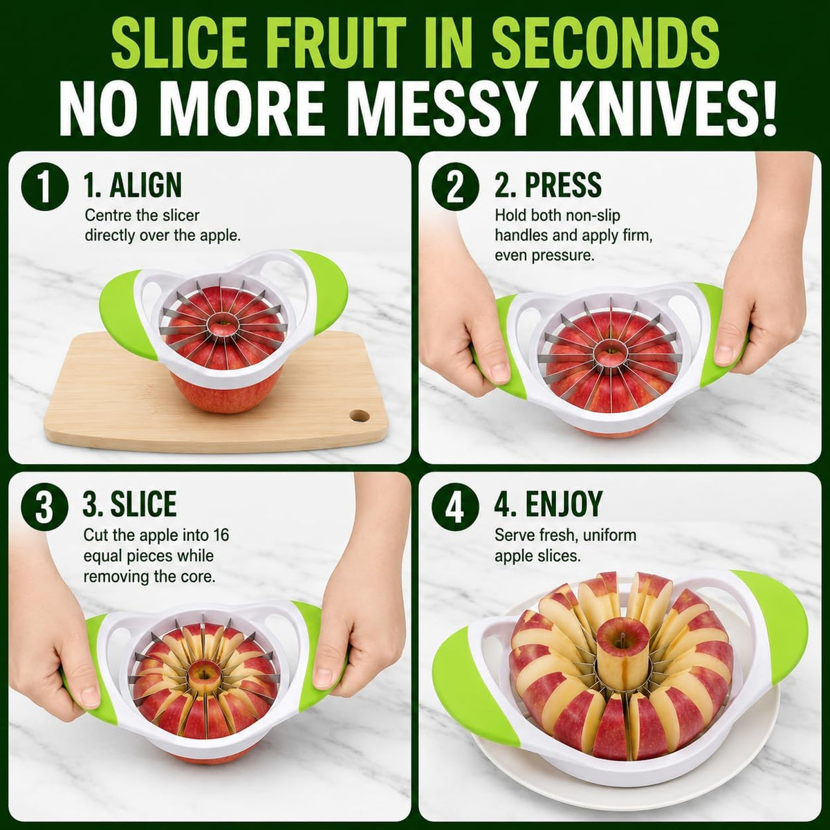 Apple Corer, Slicer & Cutter, Extra Large size, 4.75 Inches, Heavy Duty, Apple Chopper and fruit slicer with Stainless Steel Blades & Anti-Slip Handle-Green