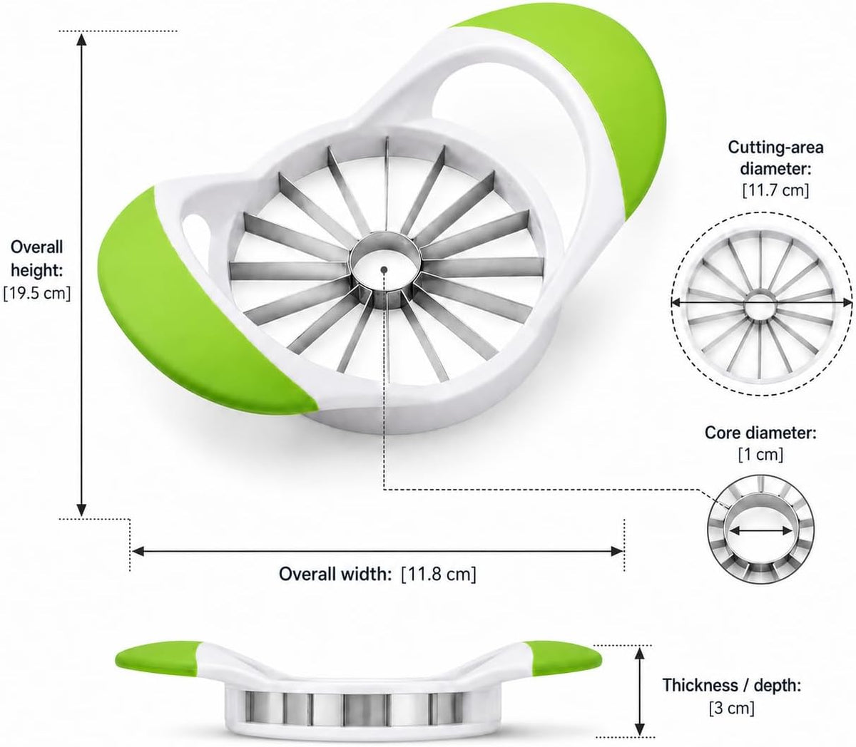 Apple Corer, Slicer & Cutter, Extra Large size, 4.75 Inches, Heavy Duty, Apple Chopper and fruit slicer with Stainless Steel Blades & Anti-Slip Handle-Green