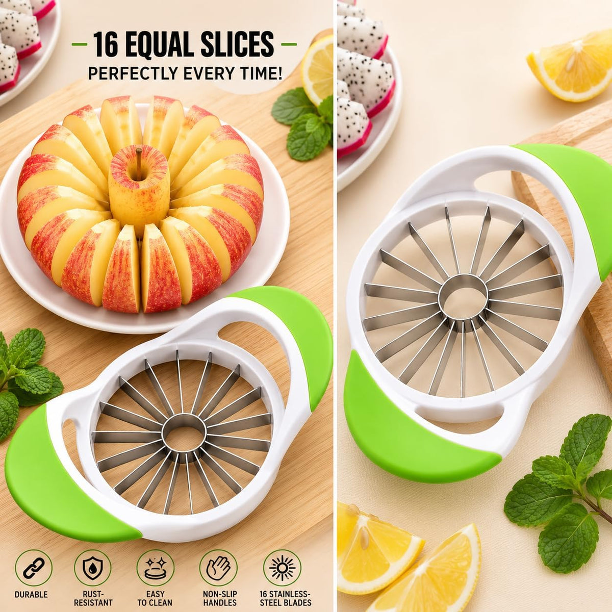 Apple Corer, Slicer & Cutter, Extra Large size, 4.75 Inches, Heavy Duty, Apple Chopper and fruit slicer with Stainless Steel Blades & Anti-Slip Handle-Green