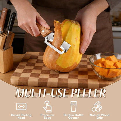 2026 Upgrade Vegetable Peeler With Wooden Handle, Stainless Steel Wide Blade Potato and Carrot Peeler, 2-in-1 Veggie Peeler With Bottle Opener for Kitchen, Camping and Travel