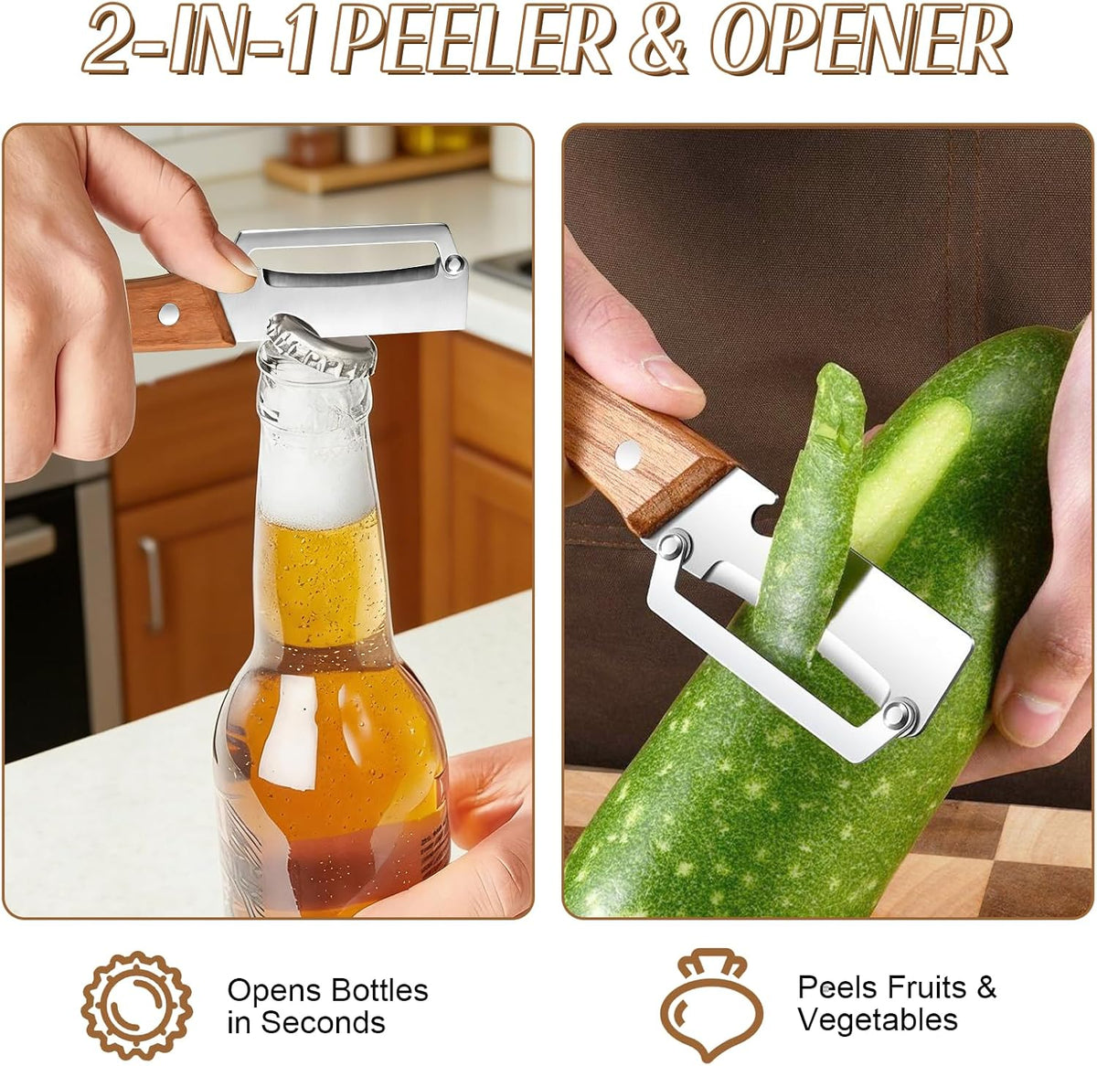 2026 Upgrade Vegetable Peeler With Wooden Handle, Stainless Steel Wide Blade Potato and Carrot Peeler, 2-in-1 Veggie Peeler With Bottle Opener for Kitchen, Camping and Travel
