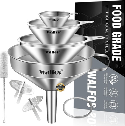 Stainless Steel Funnel, 4 Pack(4in、3 in、2.2 in、1.7in Kitchen Funnel with 2 Removable Strainer ＆ 1Pcs Cleaning Brush, Perfect for Transferring of Liquid, Oils, Jam, Dry Ingredients & Powder
