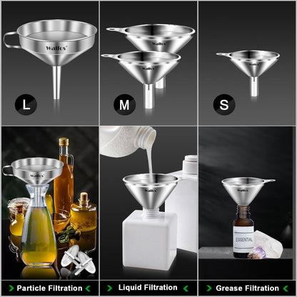 Stainless Steel Funnel, 4 Pack(4in、3 in、2.2 in、1.7in Kitchen Funnel with 2 Removable Strainer ＆ 1Pcs Cleaning Brush, Perfect for Transferring of Liquid, Oils, Jam, Dry Ingredients & Powder