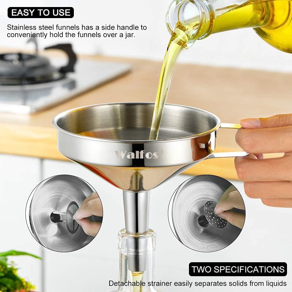 Stainless Steel Funnel, 4 Pack(4in、3 in、2.2 in、1.7in Kitchen Funnel with 2 Removable Strainer ＆ 1Pcs Cleaning Brush, Perfect for Transferring of Liquid, Oils, Jam, Dry Ingredients & Powder