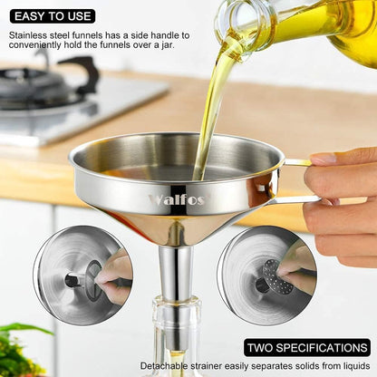 Stainless Steel Funnel, 4 Pack(4in、3 in、2.2 in、1.7in Kitchen Funnel with 2 Removable Strainer ＆ 1Pcs Cleaning Brush, Perfect for Transferring of Liquid, Oils, Jam, Dry Ingredients & Powder