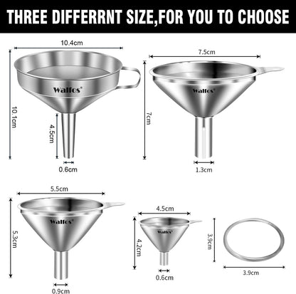 Stainless Steel Funnel, 4 Pack(4in、3 in、2.2 in、1.7in Kitchen Funnel with 2 Removable Strainer ＆ 1Pcs Cleaning Brush, Perfect for Transferring of Liquid, Oils, Jam, Dry Ingredients & Powder