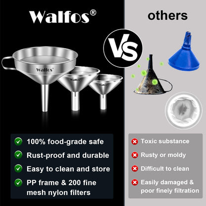 Stainless Steel Funnel, 4 Pack(4in、3 in、2.2 in、1.7in Kitchen Funnel with 2 Removable Strainer ＆ 1Pcs Cleaning Brush, Perfect for Transferring of Liquid, Oils, Jam, Dry Ingredients & Powder