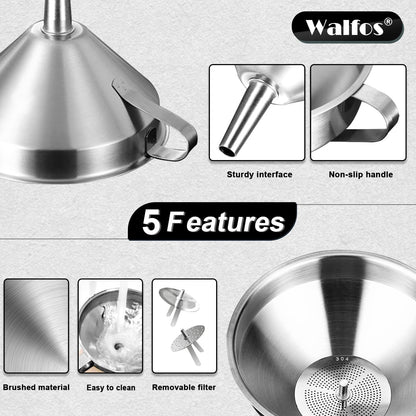 Stainless Steel Funnel, 4 Pack(4in、3 in、2.2 in、1.7in Kitchen Funnel with 2 Removable Strainer ＆ 1Pcs Cleaning Brush, Perfect for Transferring of Liquid, Oils, Jam, Dry Ingredients & Powder