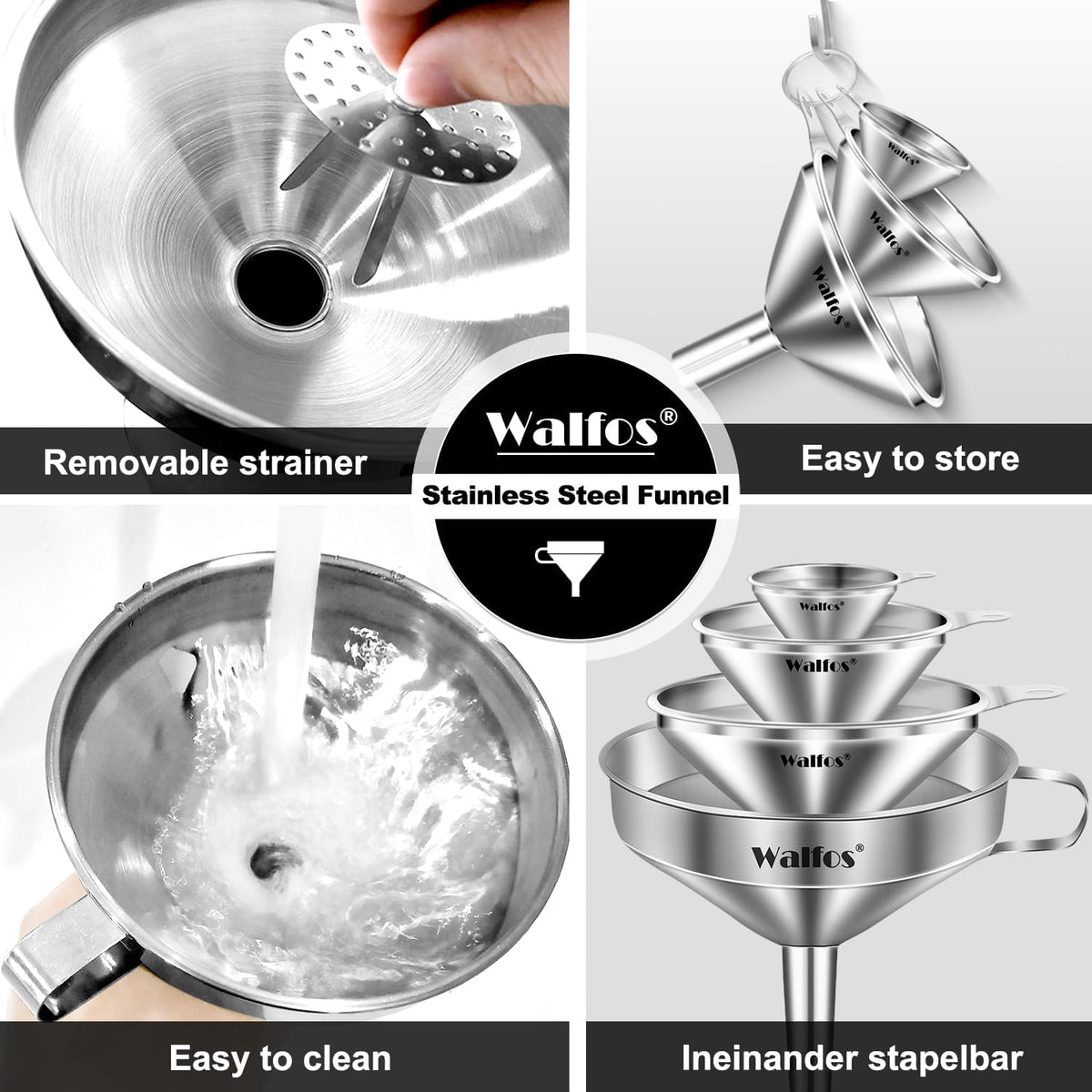 Stainless Steel Funnel, 4 Pack(4in、3 in、2.2 in、1.7in Kitchen Funnel with 2 Removable Strainer ＆ 1Pcs Cleaning Brush, Perfect for Transferring of Liquid, Oils, Jam, Dry Ingredients & Powder