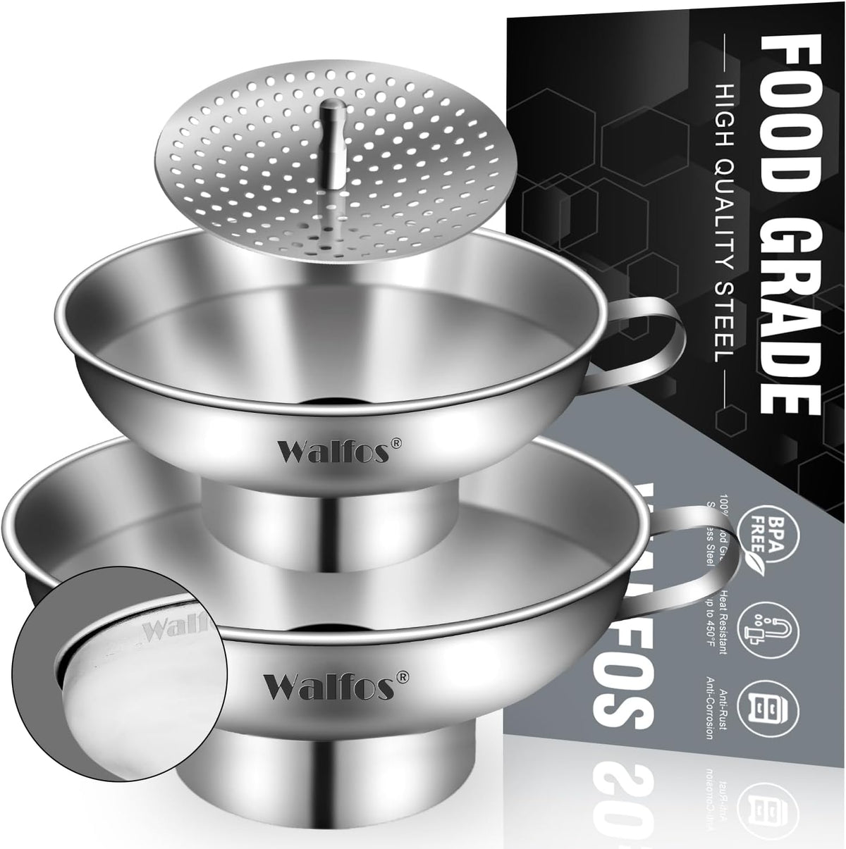 Stainless Steel Funnel, 4 Pack(4in、3 in、2.2 in、1.7in Kitchen Funnel with 2 Removable Strainer ＆ 1Pcs Cleaning Brush, Perfect for Transferring of Liquid, Oils, Jam, Dry Ingredients & Powder