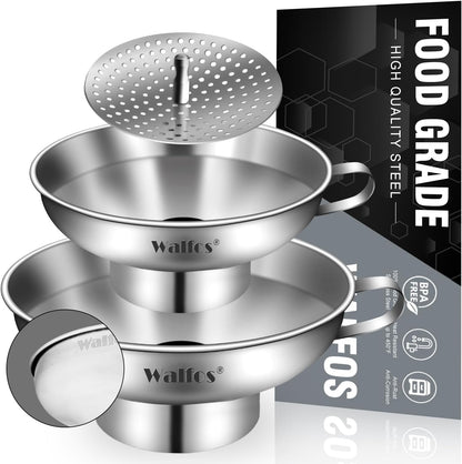 Stainless Steel Funnel, 4 Pack(4in、3 in、2.2 in、1.7in Kitchen Funnel with 2 Removable Strainer ＆ 1Pcs Cleaning Brush, Perfect for Transferring of Liquid, Oils, Jam, Dry Ingredients & Powder