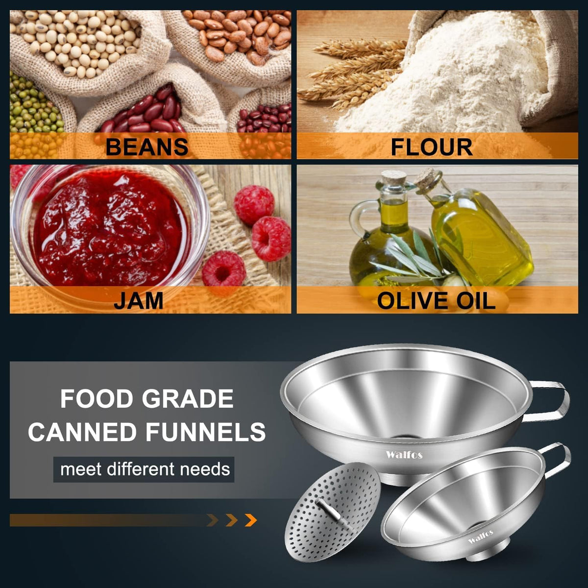 Stainless Steel Funnel, 4 Pack(4in、3 in、2.2 in、1.7in Kitchen Funnel with 2 Removable Strainer ＆ 1Pcs Cleaning Brush, Perfect for Transferring of Liquid, Oils, Jam, Dry Ingredients & Powder
