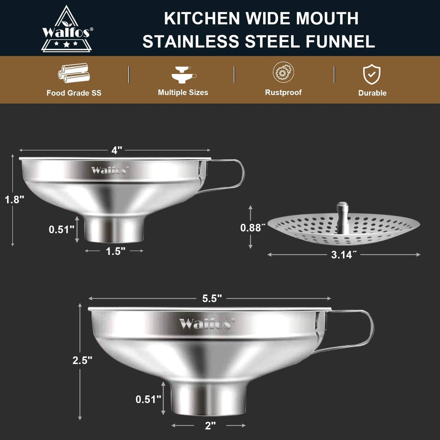 Stainless Steel Funnel, 4 Pack(4in、3 in、2.2 in、1.7in Kitchen Funnel with 2 Removable Strainer ＆ 1Pcs Cleaning Brush, Perfect for Transferring of Liquid, Oils, Jam, Dry Ingredients & Powder