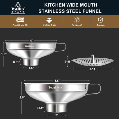 Stainless Steel Funnel, 4 Pack(4in、3 in、2.2 in、1.7in Kitchen Funnel with 2 Removable Strainer ＆ 1Pcs Cleaning Brush, Perfect for Transferring of Liquid, Oils, Jam, Dry Ingredients & Powder
