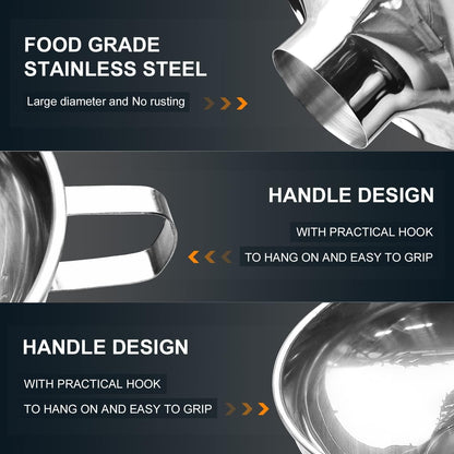 Stainless Steel Funnel, 4 Pack(4in、3 in、2.2 in、1.7in Kitchen Funnel with 2 Removable Strainer ＆ 1Pcs Cleaning Brush, Perfect for Transferring of Liquid, Oils, Jam, Dry Ingredients & Powder