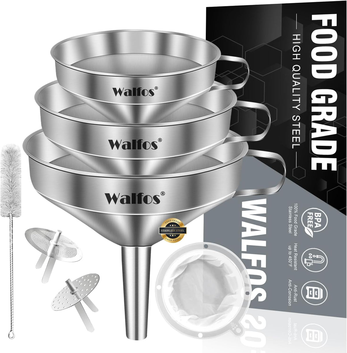 Stainless Steel Funnel, 4 Pack(4in、3 in、2.2 in、1.7in Kitchen Funnel with 2 Removable Strainer ＆ 1Pcs Cleaning Brush, Perfect for Transferring of Liquid, Oils, Jam, Dry Ingredients & Powder