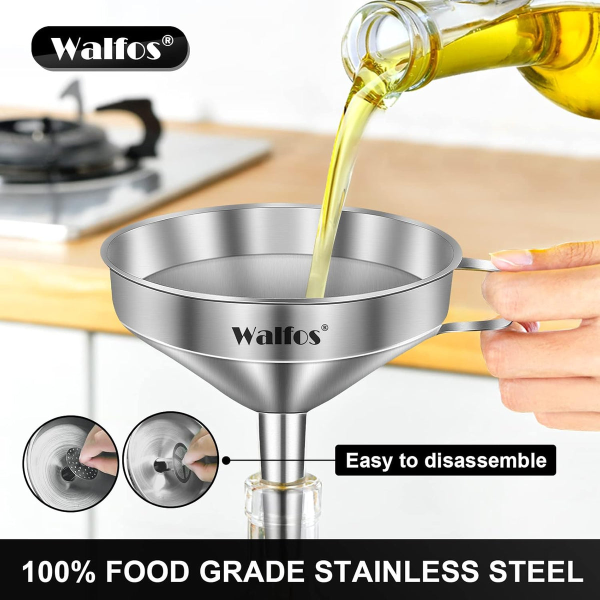 Stainless Steel Funnel, 4 Pack(4in、3 in、2.2 in、1.7in Kitchen Funnel with 2 Removable Strainer ＆ 1Pcs Cleaning Brush, Perfect for Transferring of Liquid, Oils, Jam, Dry Ingredients & Powder