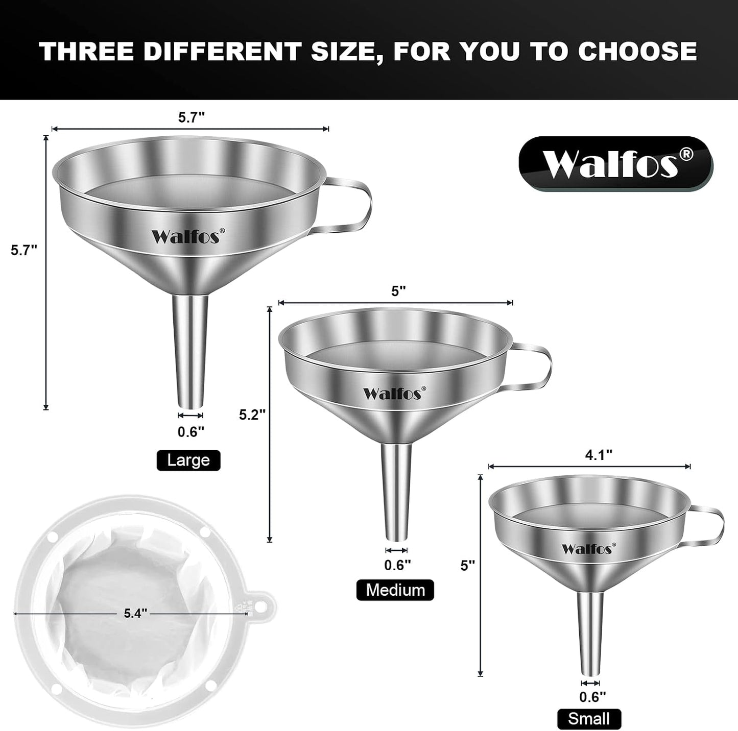 Stainless Steel Funnel, 4 Pack(4in、3 in、2.2 in、1.7in Kitchen Funnel with 2 Removable Strainer ＆ 1Pcs Cleaning Brush, Perfect for Transferring of Liquid, Oils, Jam, Dry Ingredients & Powder