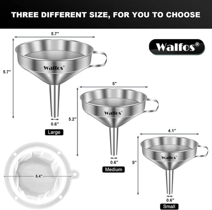 Stainless Steel Funnel, 4 Pack(4in、3 in、2.2 in、1.7in Kitchen Funnel with 2 Removable Strainer ＆ 1Pcs Cleaning Brush, Perfect for Transferring of Liquid, Oils, Jam, Dry Ingredients & Powder