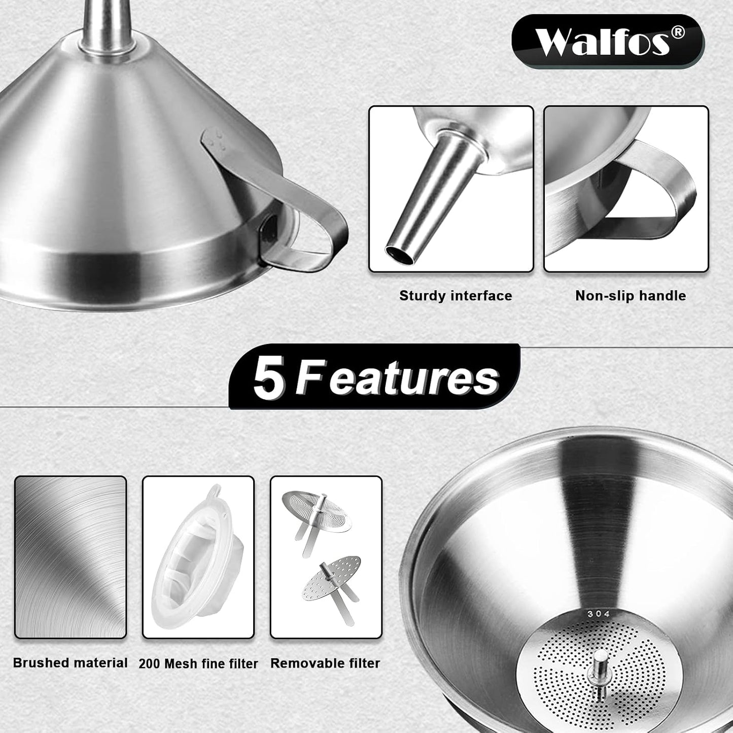 Stainless Steel Funnel, 4 Pack(4in、3 in、2.2 in、1.7in Kitchen Funnel with 2 Removable Strainer ＆ 1Pcs Cleaning Brush, Perfect for Transferring of Liquid, Oils, Jam, Dry Ingredients & Powder