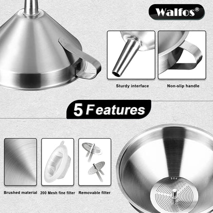 Stainless Steel Funnel, 4 Pack(4in、3 in、2.2 in、1.7in Kitchen Funnel with 2 Removable Strainer ＆ 1Pcs Cleaning Brush, Perfect for Transferring of Liquid, Oils, Jam, Dry Ingredients & Powder
