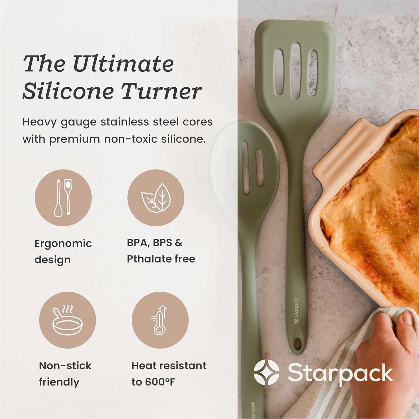 Starpack 'Head Turner' Premium Silicone Turner Spatula, Slotted Spatula - Up-to 600°F High Heat Resistant Silicone Slotted Spatulas for Cooking, LFGB Grade Non Stick Rubber Turner Spatula - 11.4"