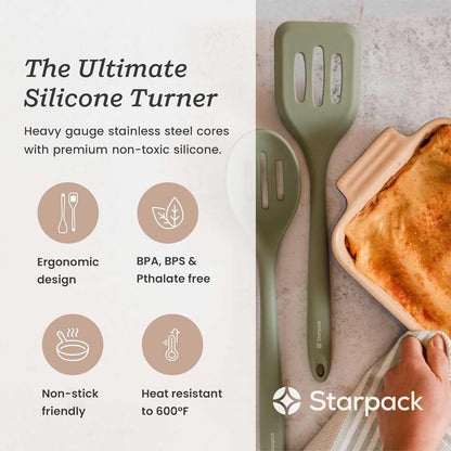 Starpack 'Head Turner' Premium Silicone Turner Spatula, Slotted Spatula - Up-to 600°F High Heat Resistant Silicone Slotted Spatulas for Cooking, LFGB Grade Non Stick Rubber Turner Spatula - 11.4"