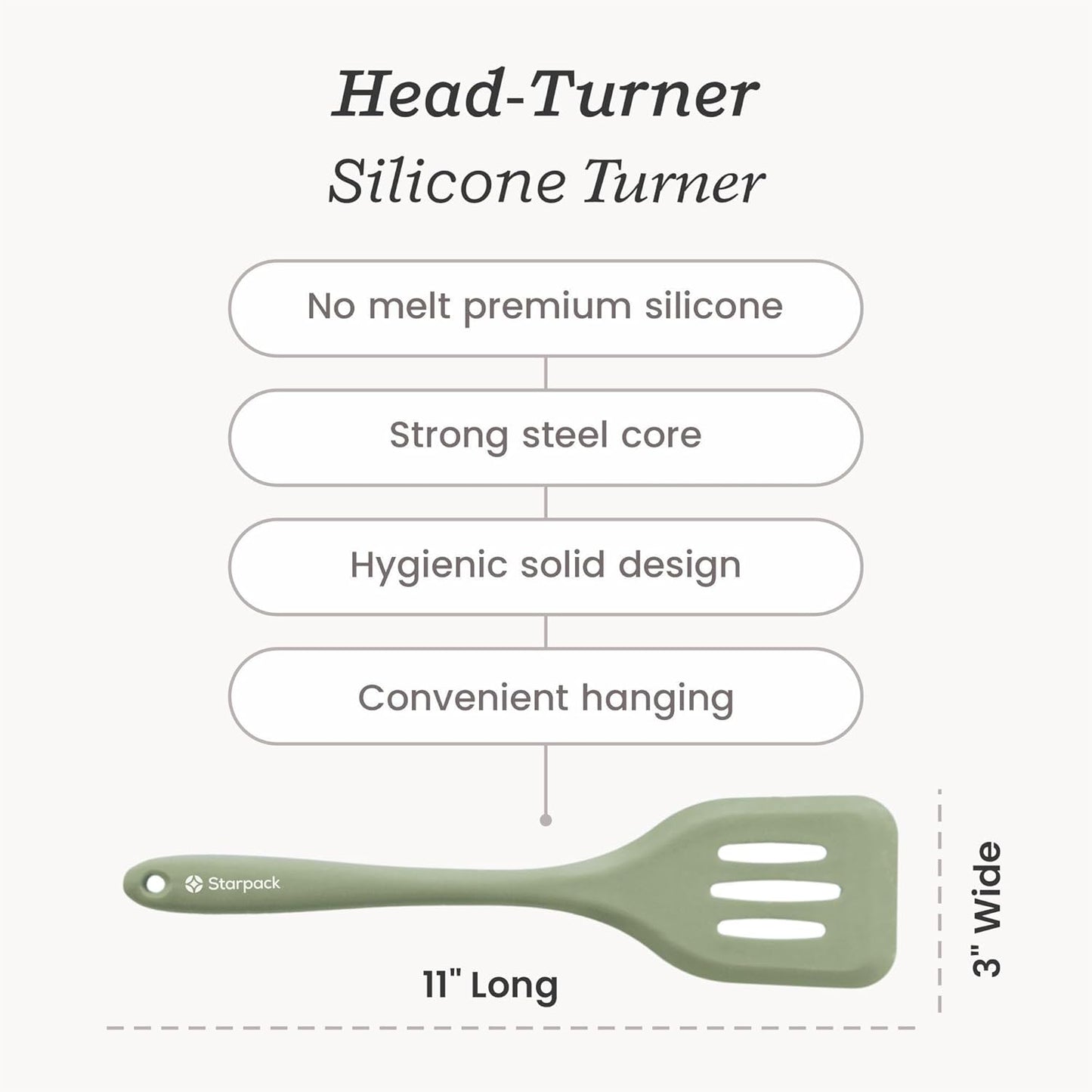 Starpack 'Head Turner' Premium Silicone Turner Spatula, Slotted Spatula - Up-to 600°F High Heat Resistant Silicone Slotted Spatulas for Cooking, LFGB Grade Non Stick Rubber Turner Spatula - 11.4"