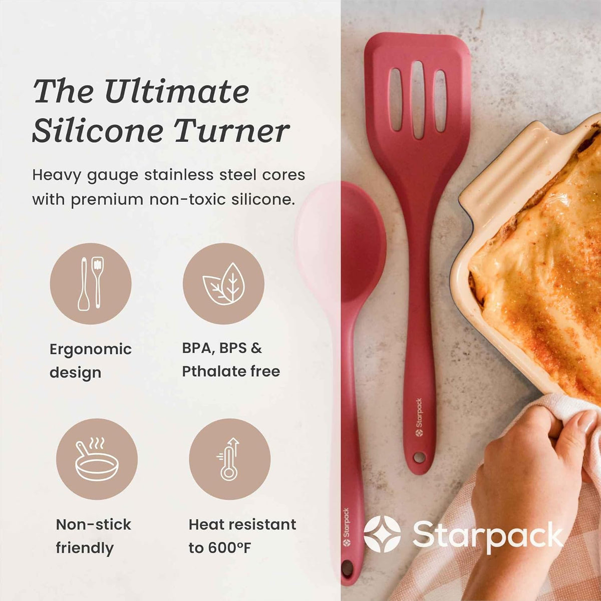 Starpack 'Head Turner' Premium Silicone Turner Spatula, Slotted Spatula - Up-to 600°F High Heat Resistant Silicone Slotted Spatulas for Cooking, LFGB Grade Non Stick Rubber Turner Spatula - 11.4"
