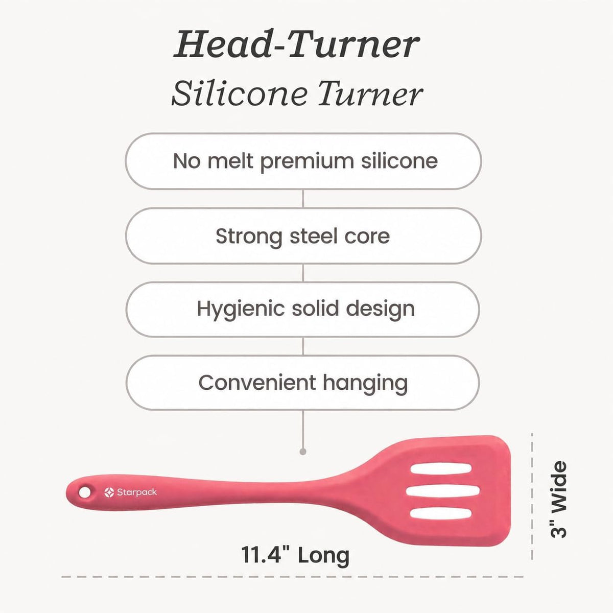 Starpack 'Head Turner' Premium Silicone Turner Spatula, Slotted Spatula - Up-to 600°F High Heat Resistant Silicone Slotted Spatulas for Cooking, LFGB Grade Non Stick Rubber Turner Spatula - 11.4"