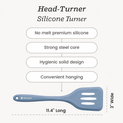 Starpack 'Head Turner' Premium Silicone Turner Spatula, Slotted Spatula - Up-to 600°F High Heat Resistant Silicone Slotted Spatulas for Cooking, LFGB Grade Non Stick Rubber Turner Spatula - 11.4"