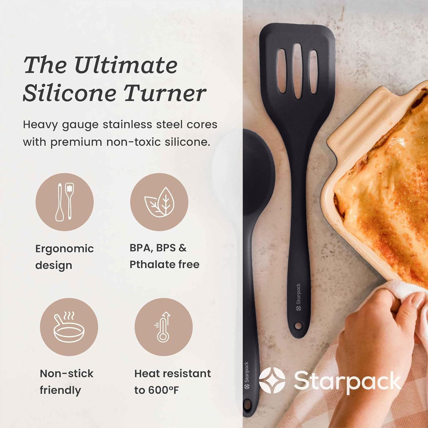 Starpack 'Head Turner' Premium Silicone Turner Spatula, Slotted Spatula - Up-to 600°F High Heat Resistant Silicone Slotted Spatulas for Cooking, LFGB Grade Non Stick Rubber Turner Spatula - 11.4"
