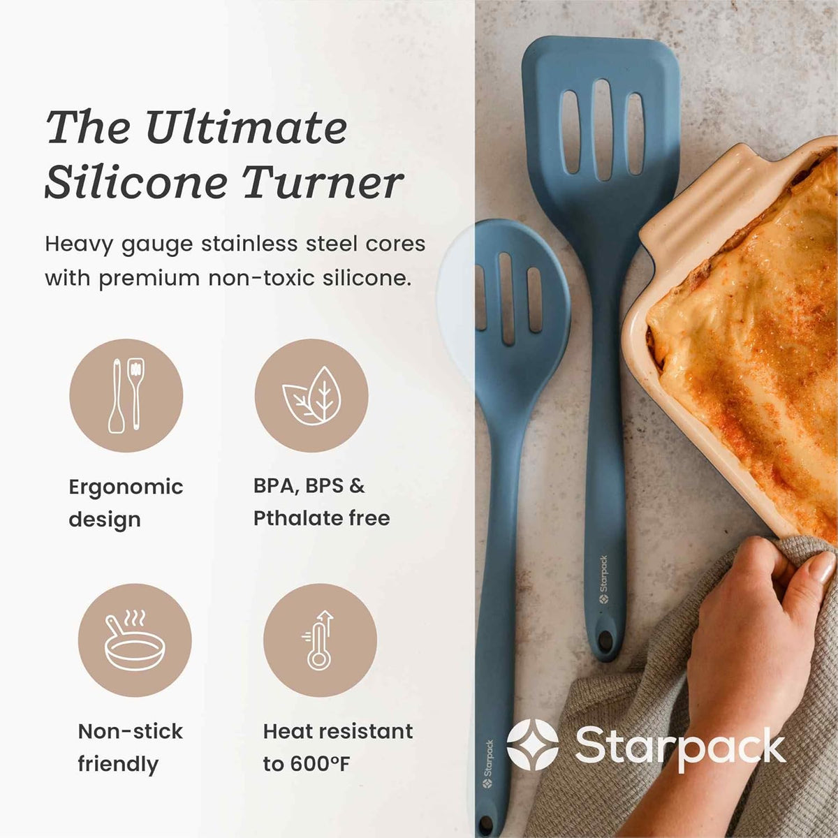 Starpack 'Head Turner' Premium Silicone Turner Spatula, Slotted Spatula - Up-to 600°F High Heat Resistant Silicone Slotted Spatulas for Cooking, LFGB Grade Non Stick Rubber Turner Spatula - 11.4"