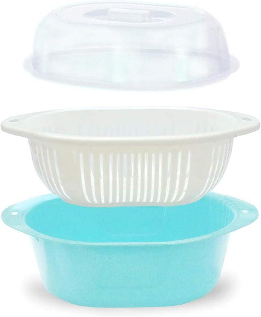 3 in 1 Dish Tub and Colander Set with Lid, Vegetable Washer with Bowl, Dishpan Strainer Basket Lettuce Washer and Dryer - Water Drain and Compact Storage(Blue) - 4 Quarts