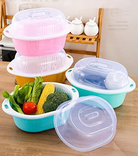 3 in 1 Dish Tub and Colander Set with Lid, Vegetable Washer with Bowl, Dishpan Strainer Basket Lettuce Washer and Dryer - Water Drain and Compact Storage(Blue) - 4 Quarts