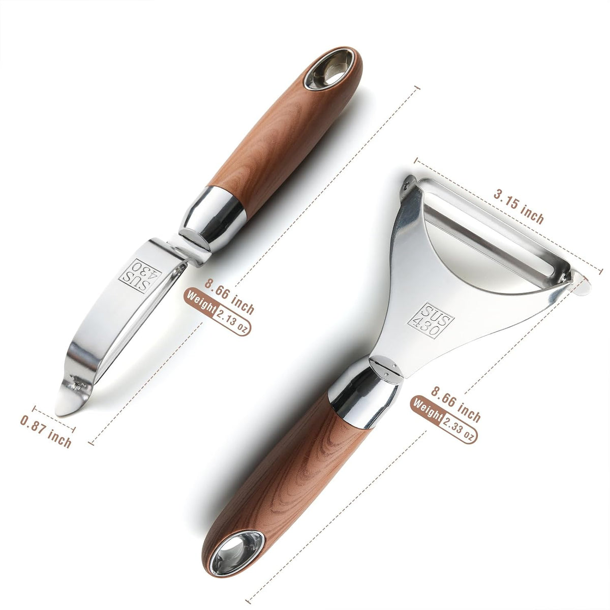 Premium Stainless Steel Multifunctional Kitchen Fruit and Vegetable Peeler with Natural Wood Handle，Ultra Sharp Strong Blade - 2 PCS