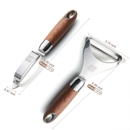 Premium Stainless Steel Multifunctional Kitchen Fruit and Vegetable Peeler with Natural Wood Handle，Ultra Sharp Strong Blade - 2 PCS