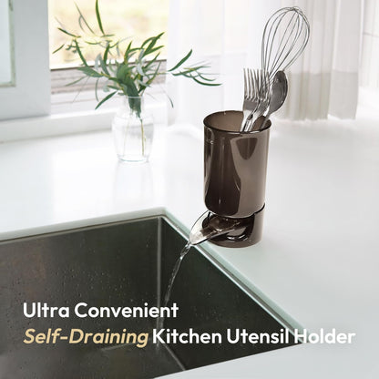Self-Draining Utensil Drying Holder - Beige | Small Utensil Cutlery Flatware Silverware Holder Drainer Cup for Kitchen Counter
