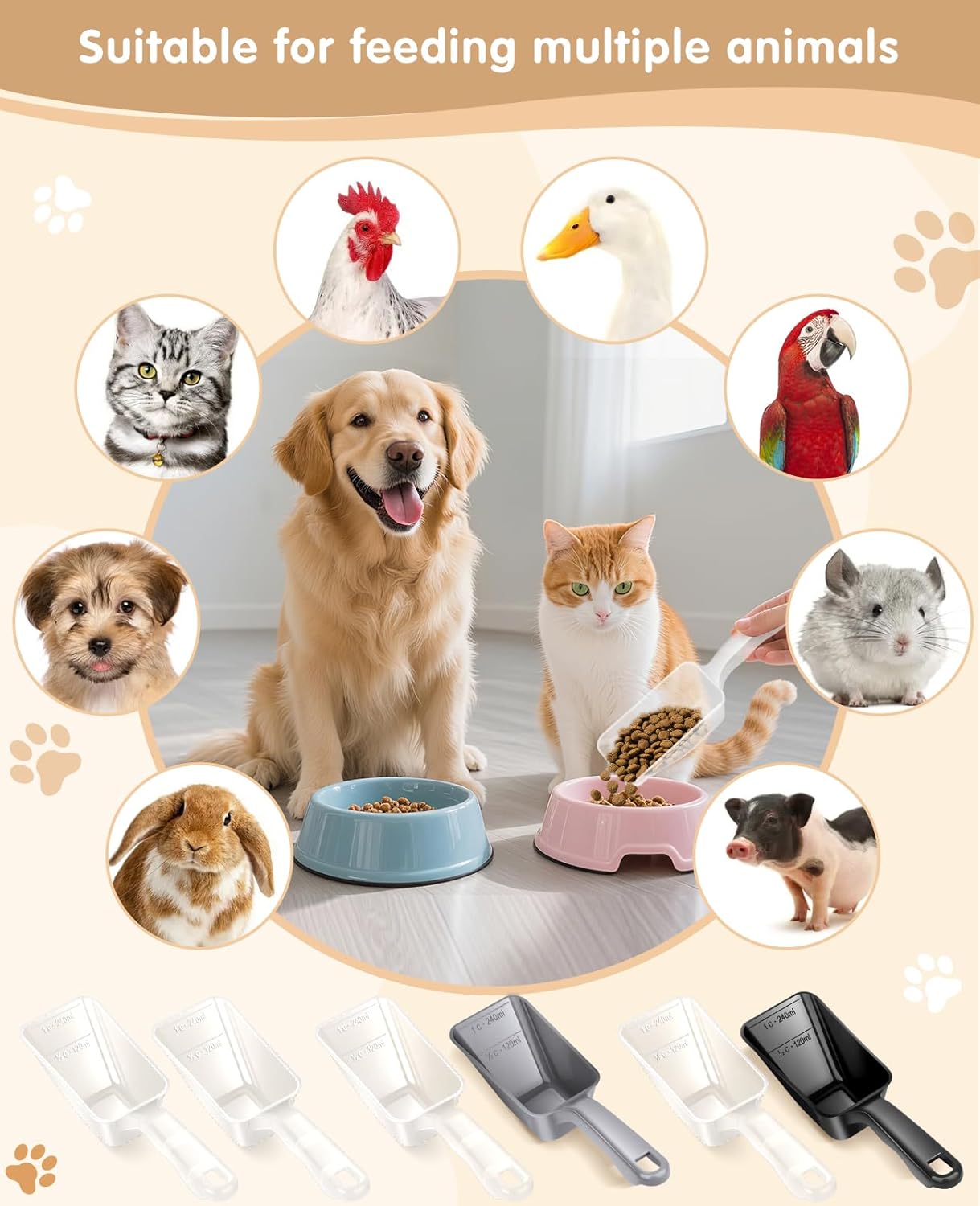 2-Pack Dog Food Scoop 1 Cup, Plastic Pet Food Measuring Scoop With Measuring Lines (1/2 & 1 Cup Markings) for Dogs, Cats, Fish, Bird（Transparent