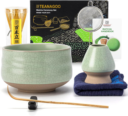 Matcha Whisk Set Green, 7 Pcs Matcha Set, Matcha Kit for Ceremony, Matcha Tea Set for Making Breakfast/Latte,Whisk Set and Ceramic Bowl with All Accessories, Gift for Family/Friend