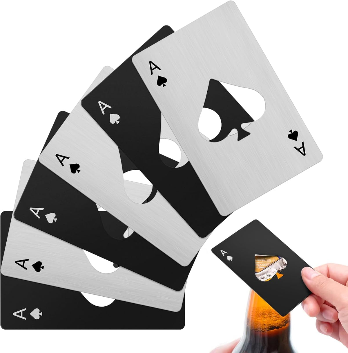 6PCS Card Bottle Openers, 3 Black & 3 Silver Poker Themed Cap Openers