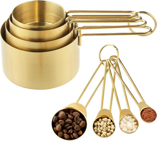 Measuring Cups and Spoons Set, Kaloo 8PCS Stainless Steel Metal Measuring Cups, Gold Finish, Ideal for Cooking and Baking