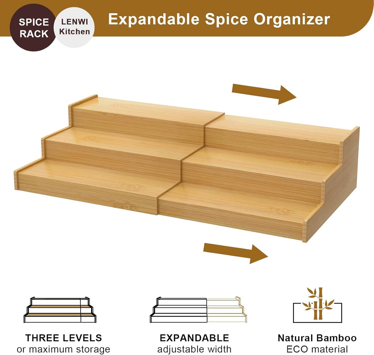 Spice Rack Organizer for Cabinet, 3 Tier Expandable Bamboo Spice Storage for Kitchen Cupboard Pantry
