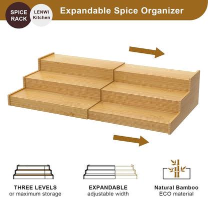 Spice Rack Organizer for Cabinet, 3 Tier Expandable Bamboo Spice Storage for Kitchen Cupboard Pantry