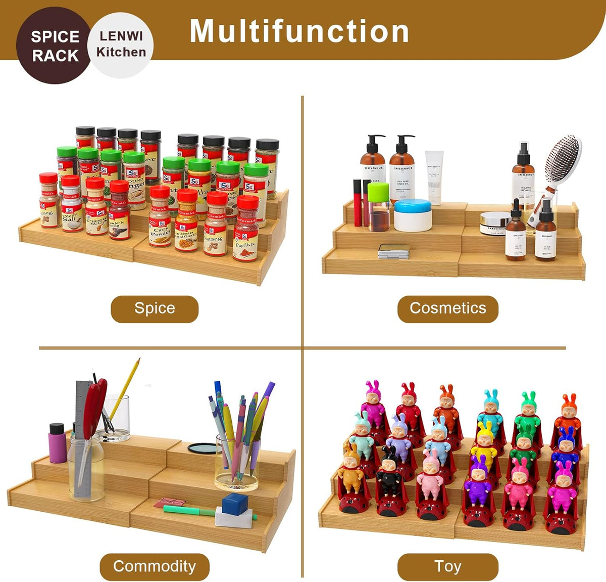 Spice Rack Organizer for Cabinet, 3 Tier Expandable Bamboo Spice Storage for Kitchen Cupboard Pantry