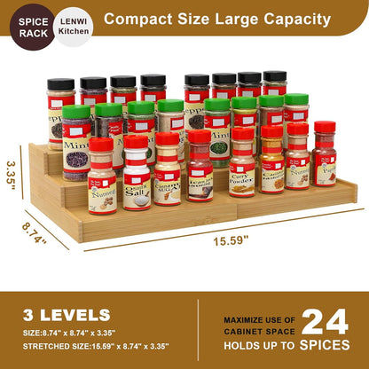 Spice Rack Organizer for Cabinet, 3 Tier Expandable Bamboo Spice Storage for Kitchen Cupboard Pantry