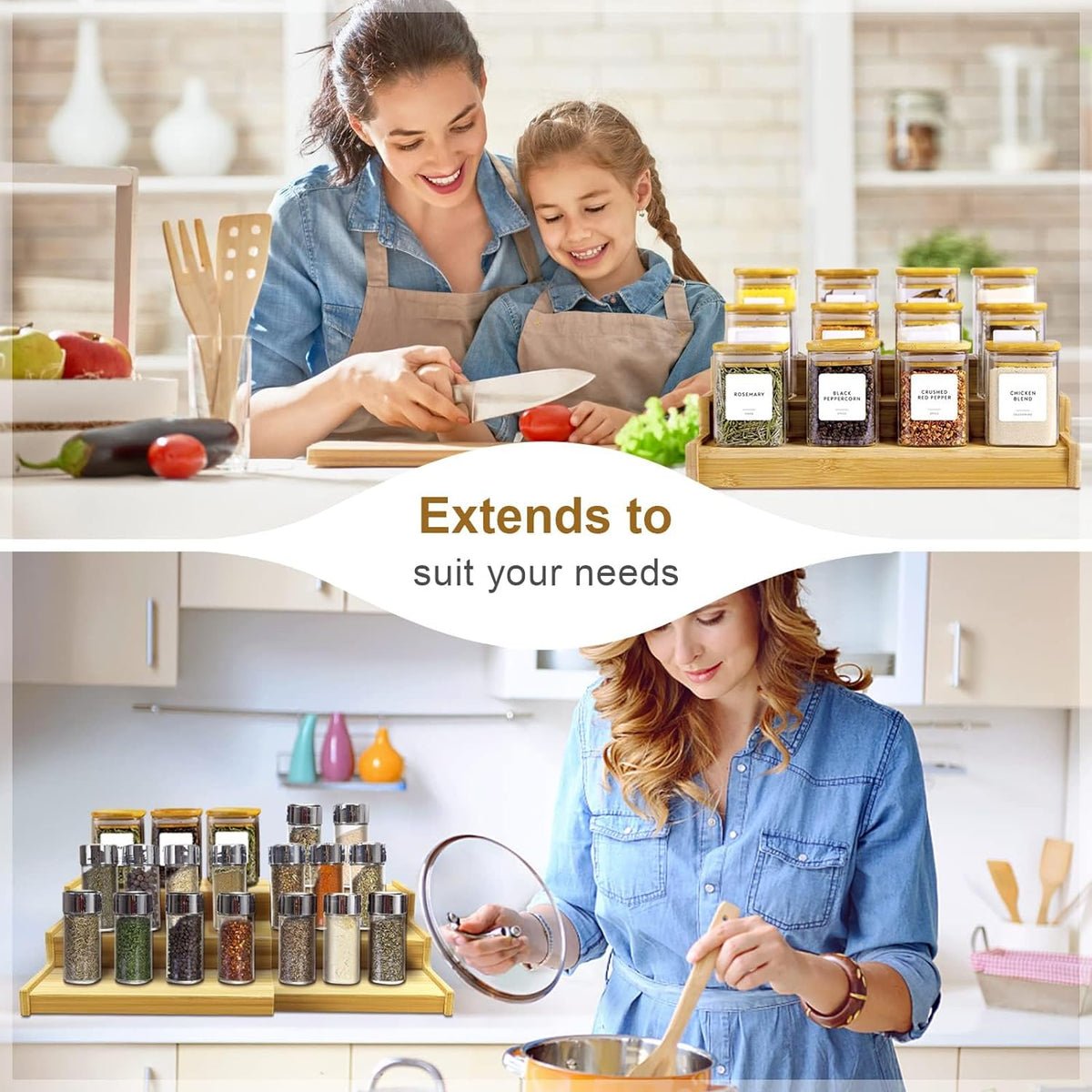 Spice Rack Organizer for Cabinet, 3 Tier Expandable Bamboo Spice Storage for Kitchen Cupboard Pantry