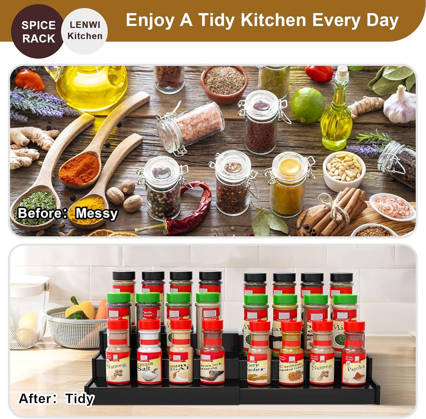 Spice Rack Organizer for Cabinet, 3 Tier Expandable Bamboo Spice Storage for Kitchen Cupboard Pantry
