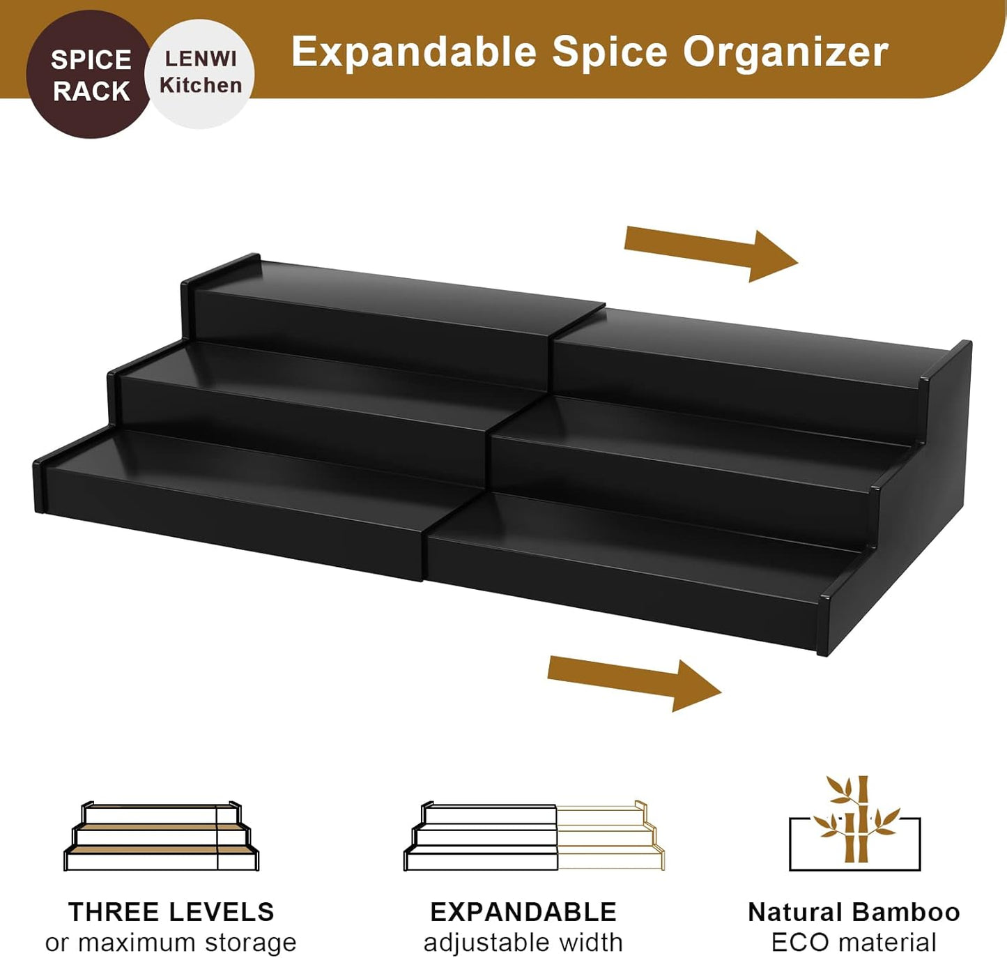 Spice Rack Organizer for Cabinet, 3 Tier Expandable Bamboo Spice Storage for Kitchen Cupboard Pantry
